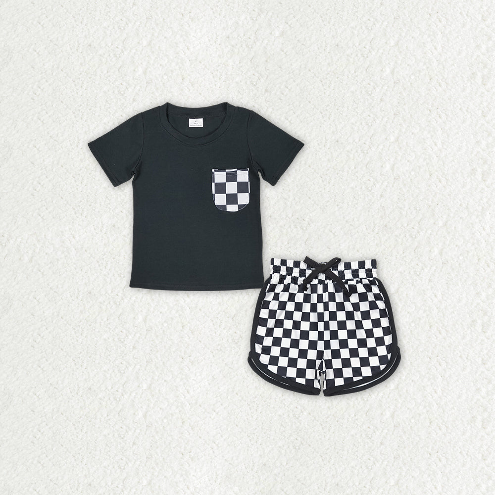 rts no moq BT0660+SS0278 Black and white plaid pocket short-sleeved top shorts sets