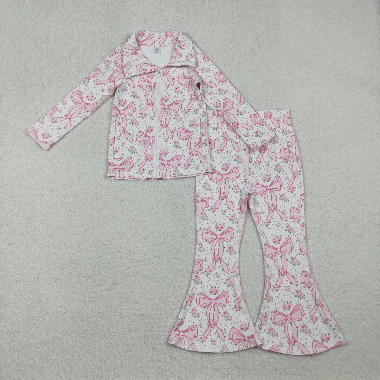 RTS NO MOQ(In Stock) GT1082+P0773 White yoga zip-up long-sleeved top with floral and bow pattern trousers set