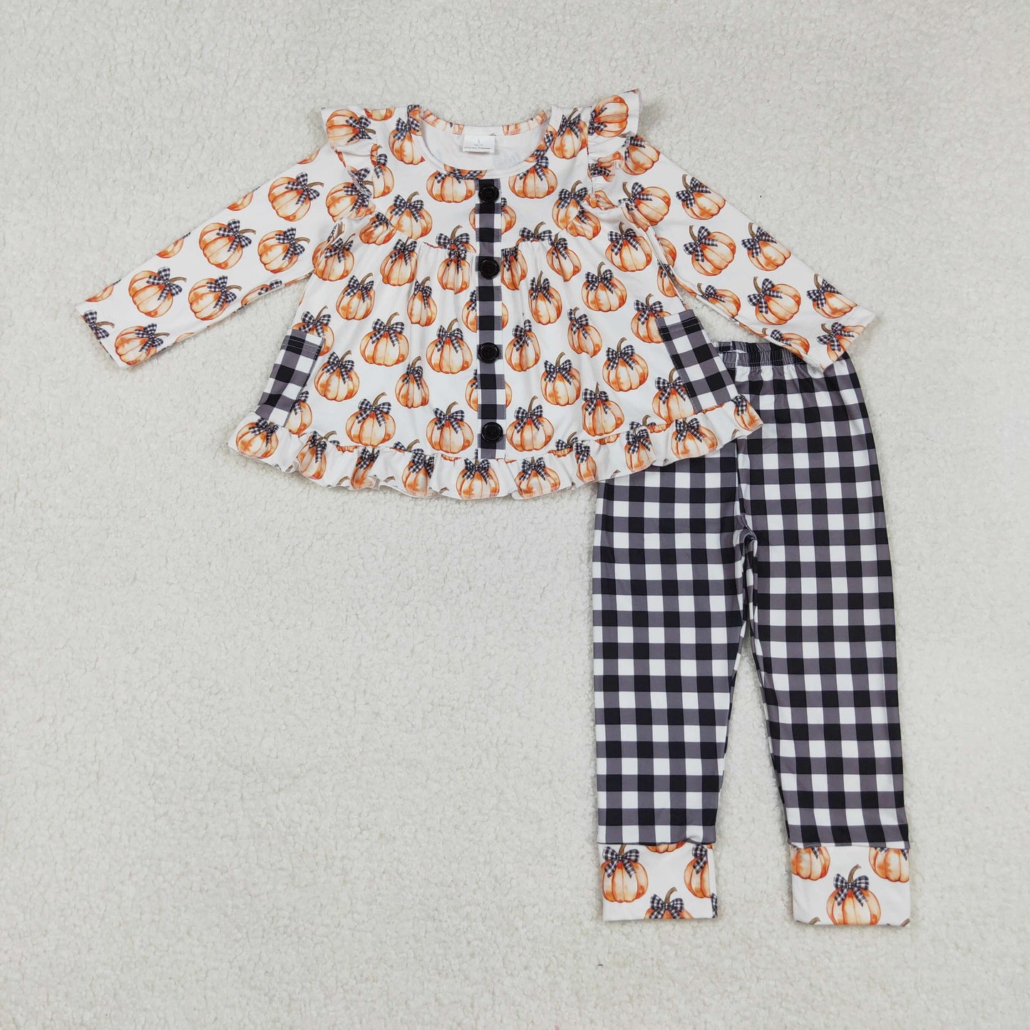 RTS NO MOQ(In Stock) GLP2692 Bow Pattern Pumpkin Black and White Plaid Pocket Button Long-Sleeved Pants Set