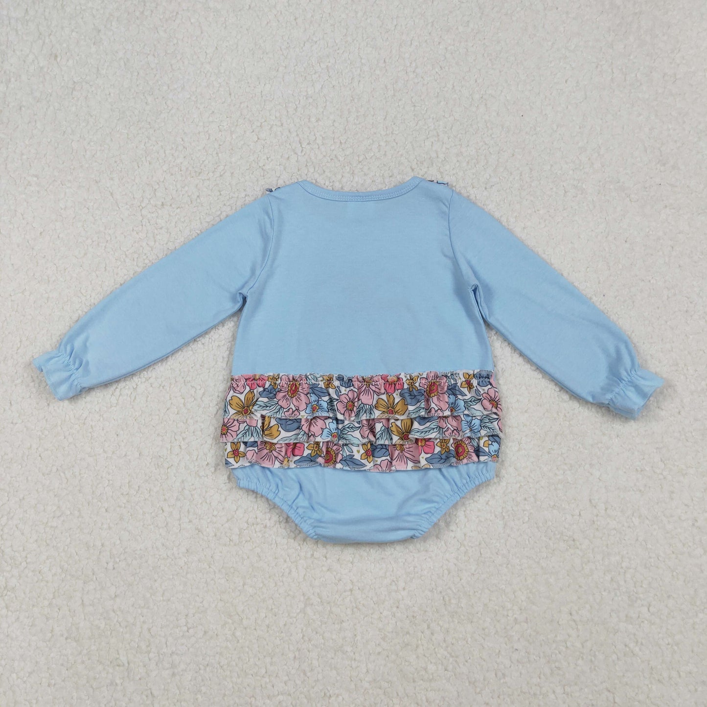 RTS NO MOQ(In Stock) LR2441 Embroidered pumpkin blue long-sleeved bodysuit with floral and bow pattern