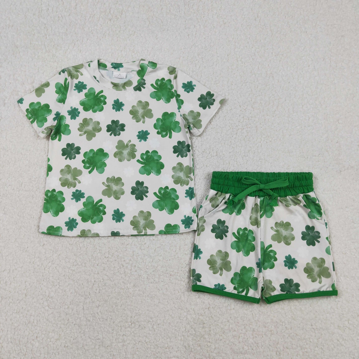 RTS NO MOQ(In Stock) Green short-sleeved shorts set with four-leaf clover design
