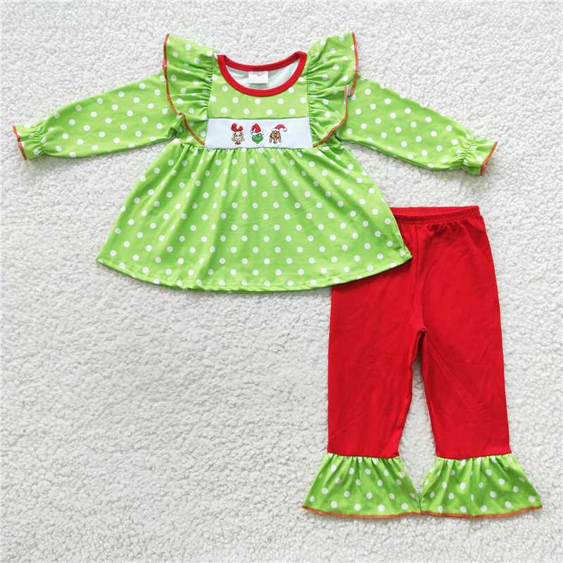 RTS NO MOQ(In Stock) GLP0494 Embroidered Christmas Long Sleeve Pants Set