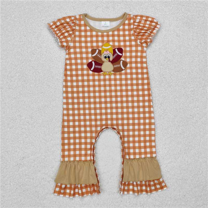 RTS NO MOQ(In Stock) SR1886 Embroidery turkey short-sleeved jumpsuit