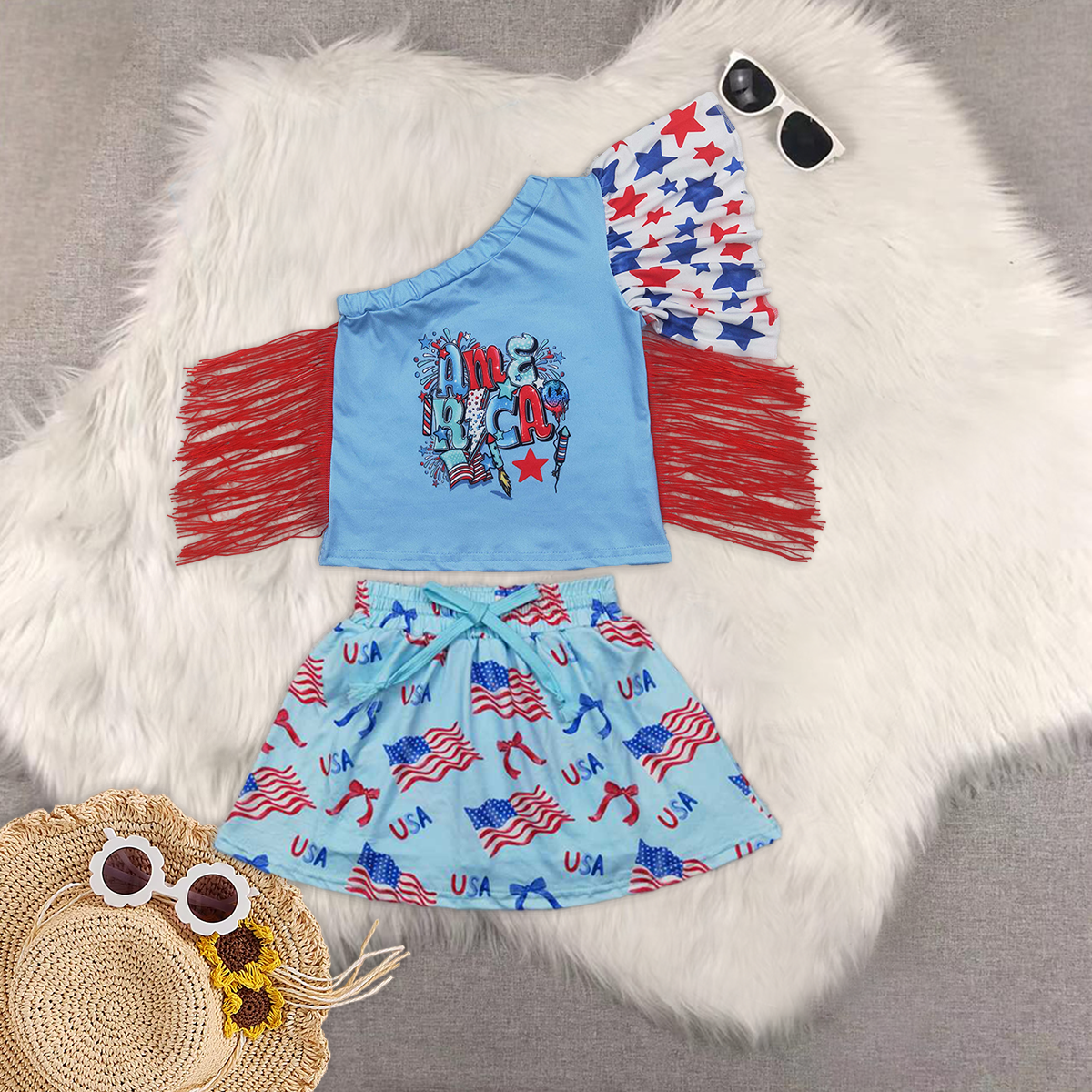 RTS NO MOQ GT0584+GLK0050 Girls National Day BABE white short-sleeved top star striped blue pants skirt sets