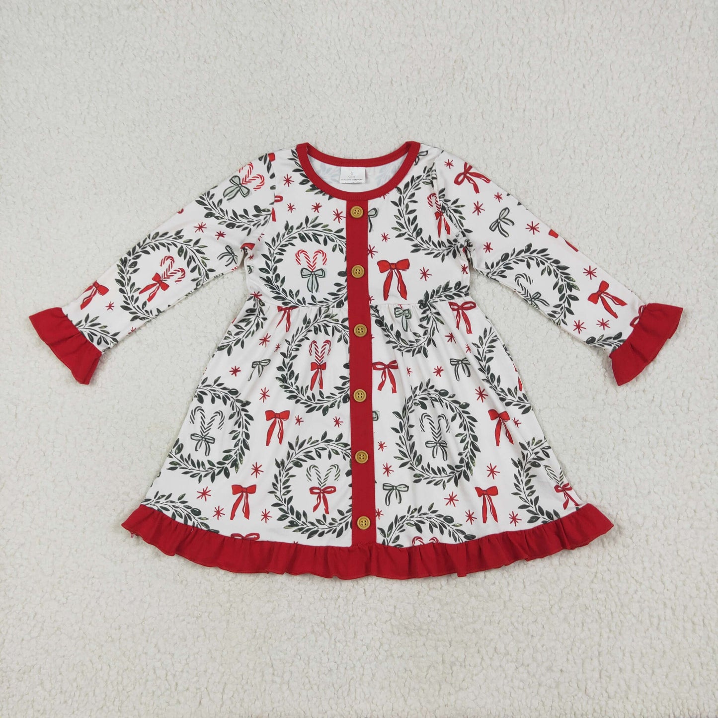 RTS NO MOQ(In Stock ) GLD1082 Christmas wreath bow pattern red lace button long-sleeved dress