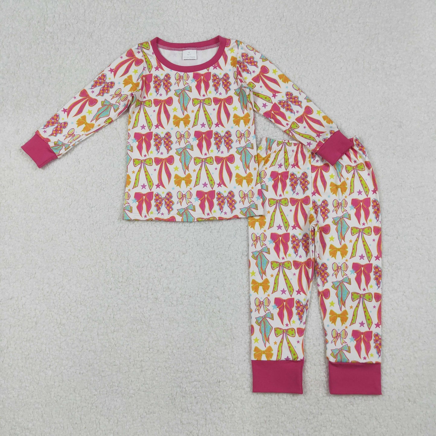 RTS NO MOQ(In Stock) GLP2615 Bow Pattern Star Rose Red Long Sleeve Pants Pajama Set