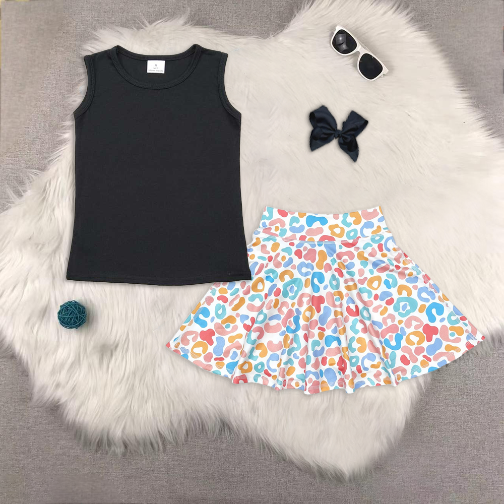RTS NO MOQ ETA 5/7days Arrived GT0419+GLK0026 Pure black sleeveless top for girls Colorful leopard print skirt sets