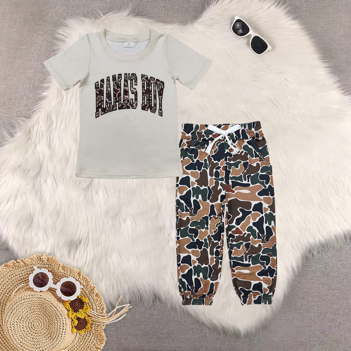 RTS NO MOQ BT0792+P0650 MAMA BOY short-sleeved top drawstring trousers sets