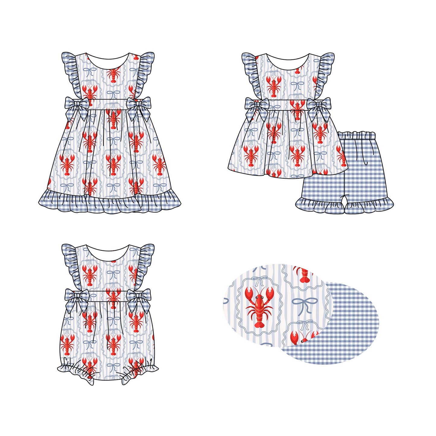 25.12.4 custom each style moq 5 eta 6-8week Sibling Sister lobster bow baby short sleeve shorts sets and romper and dress match design