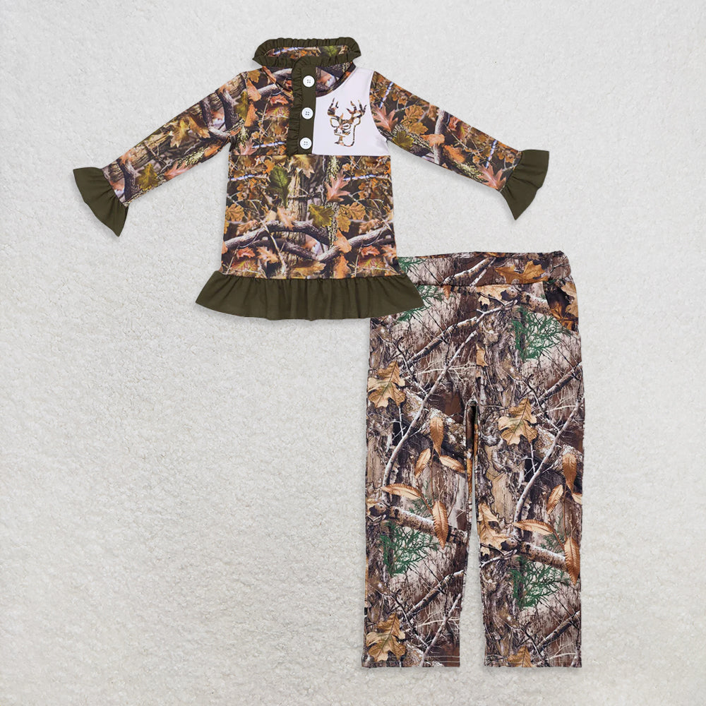 RTS NO MOQ GT0311 + P0715 Baby Girls Camo Hunting Deer Ruffle Pullover Jackets Tops Camo Pockets Pants