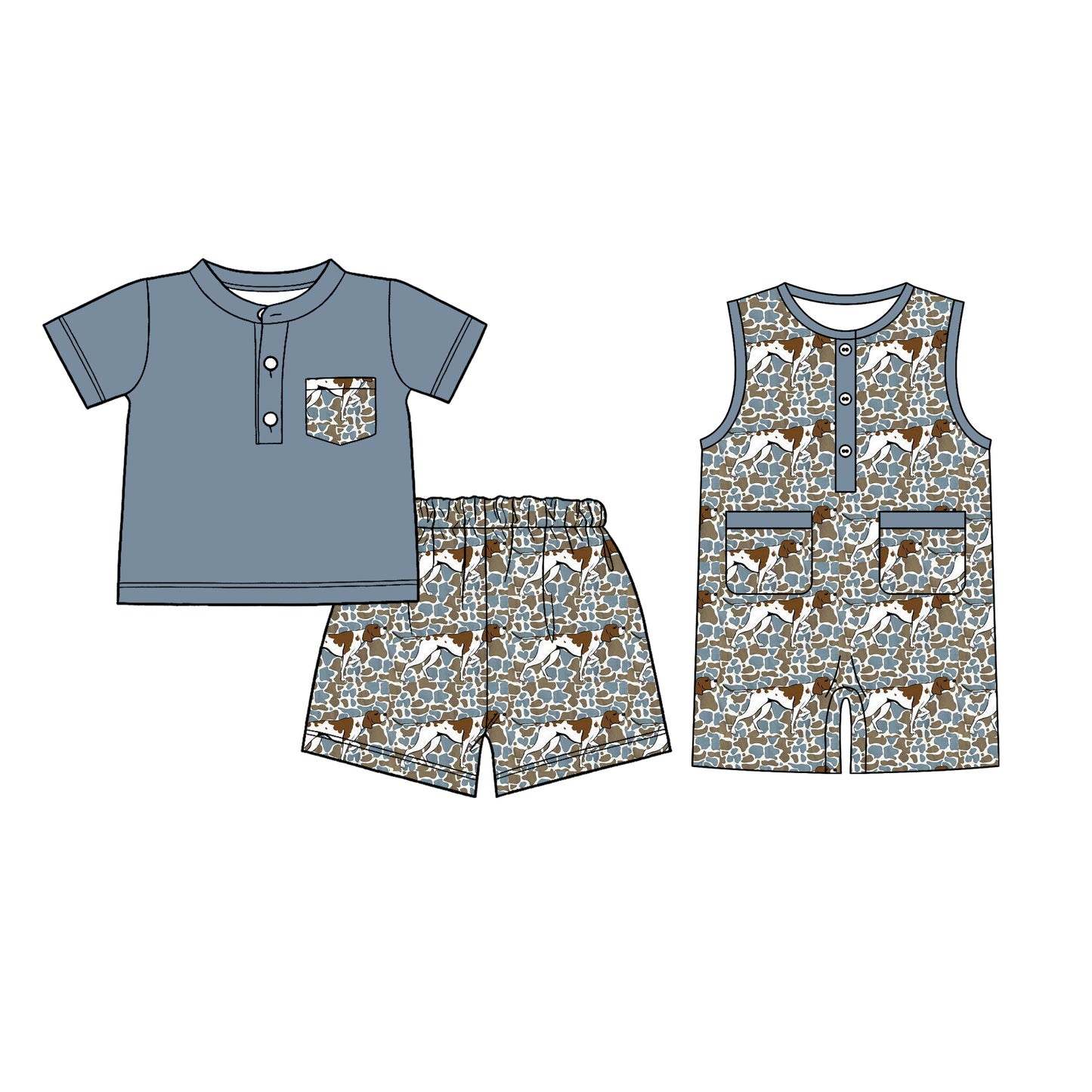 26.1.8 custom each style moq 5 eta 6-8week Sibling Sister camouflage puppy baby boy short sleeve shorts sets and romper match design