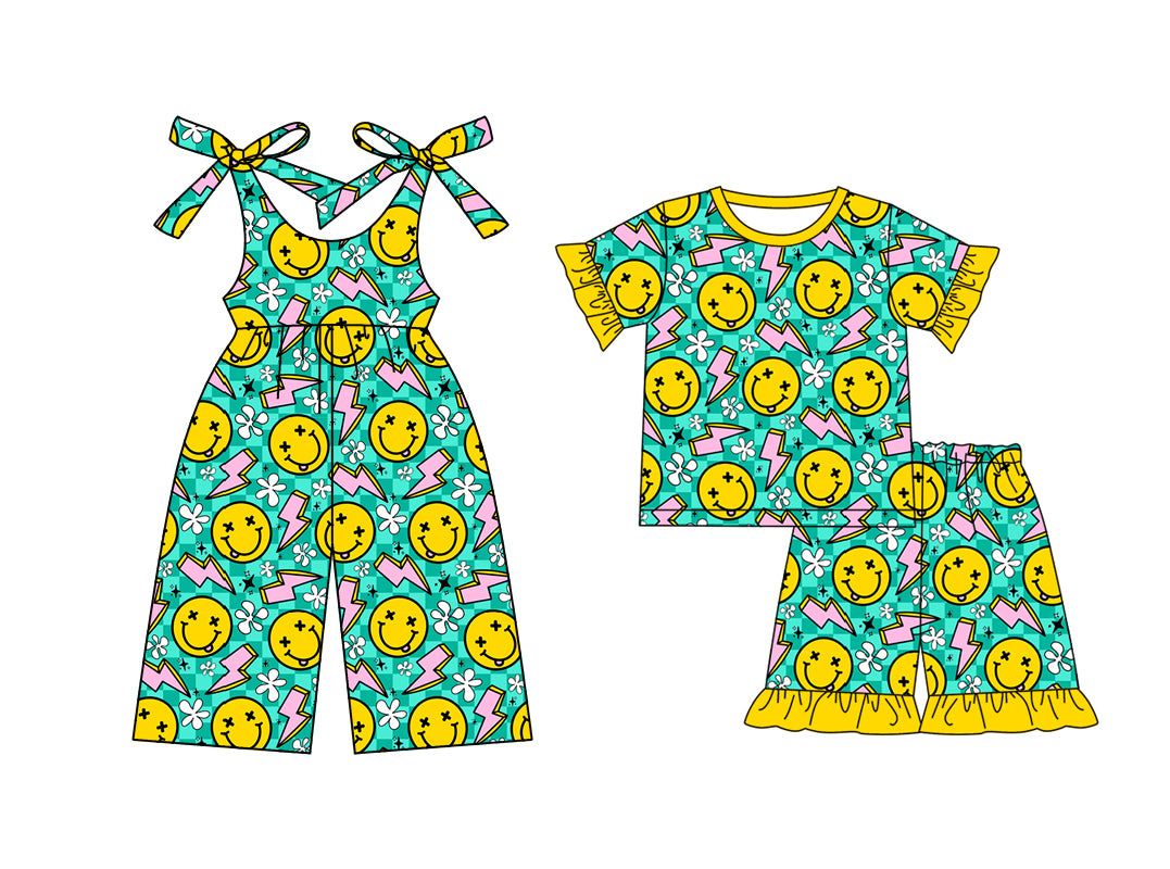 12.30 custom each style moq 5eta 4-6week Sibling Sister smiley baby girl short sleeve shorts sets and jumpsuit match design