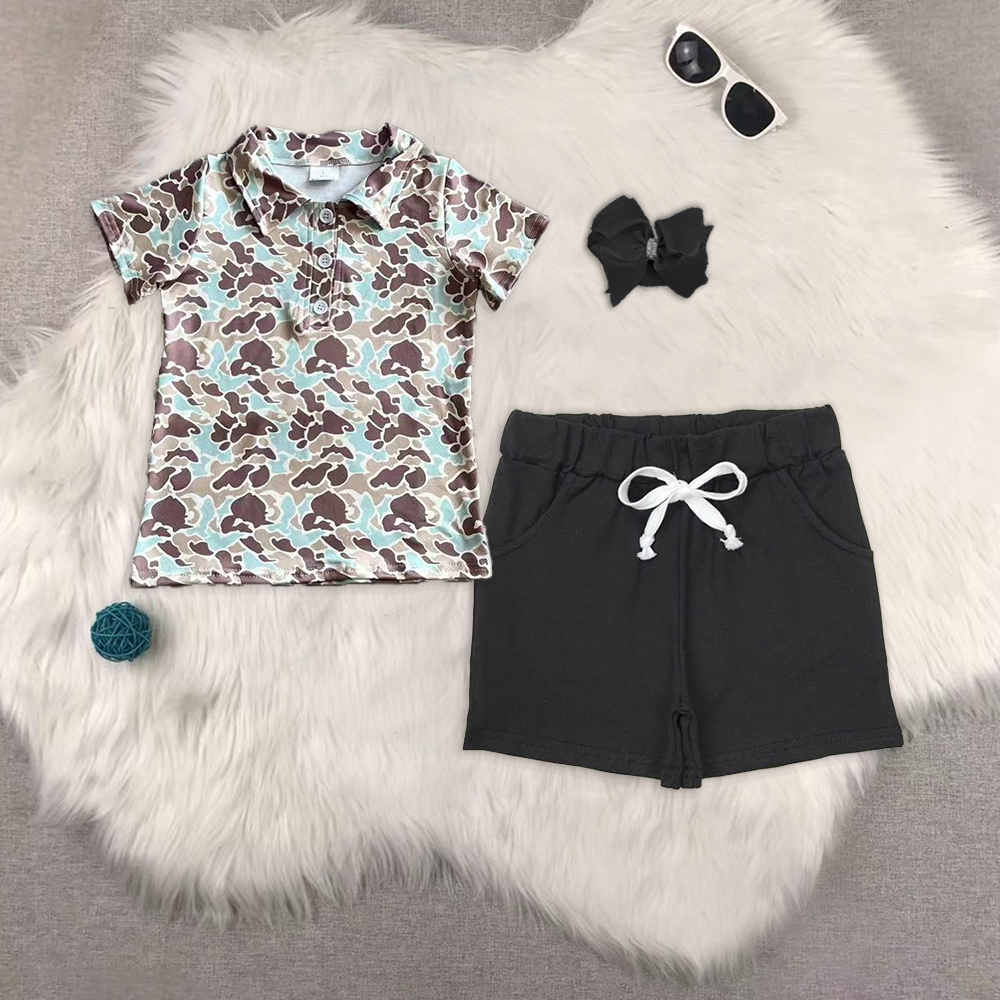 RTS NO MOQ BT1212+SS0137 camouflage short-sleeved top Black pocket shorts sets