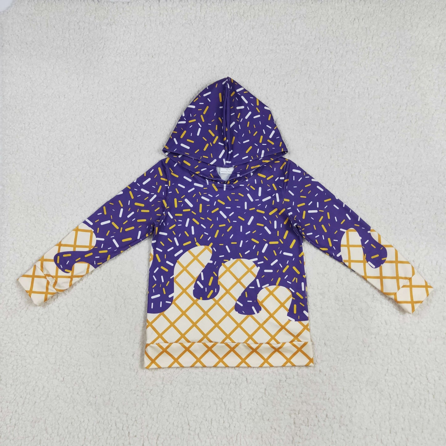 RTS NO MOQ(In Stock) BT1276 Waffle ice cream purple hooded long sleeve top