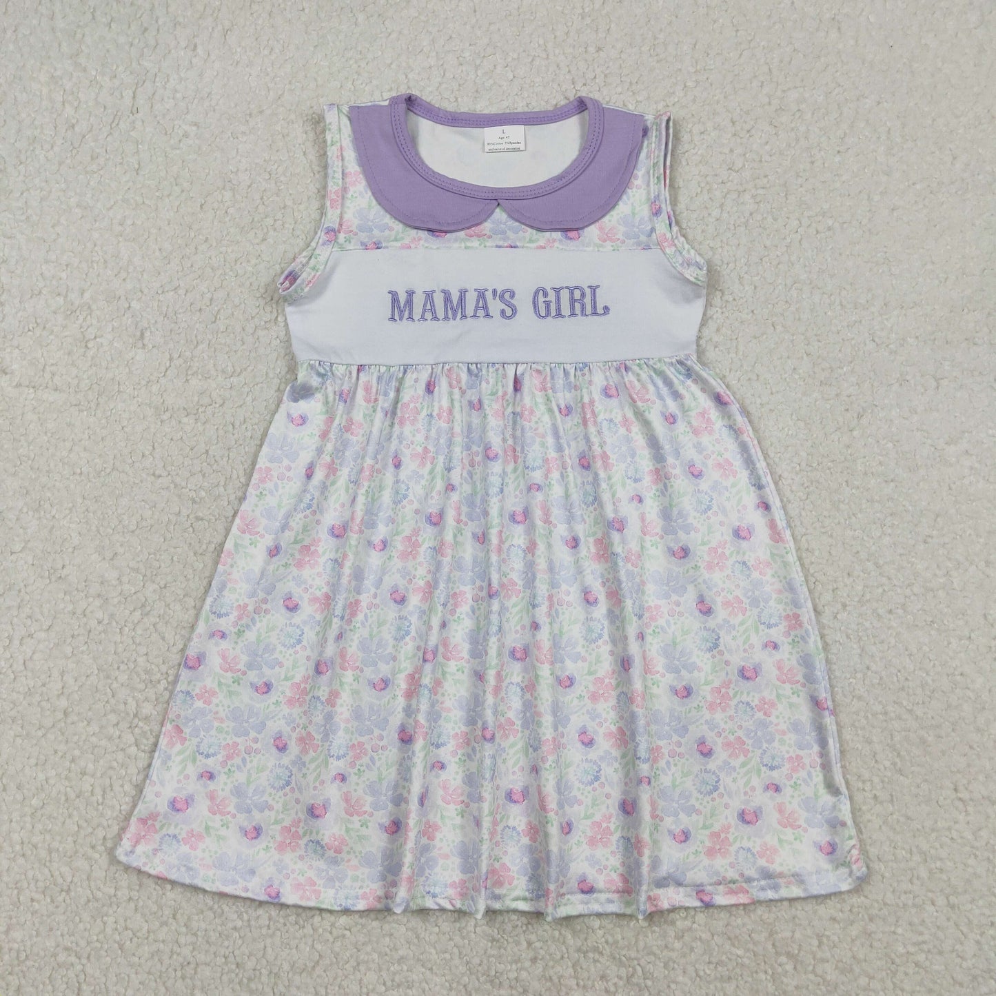 RTS NO MOQ(In Stock ) Embroidered Mama's Girl Floral Purple Collar Sleeveless Dress