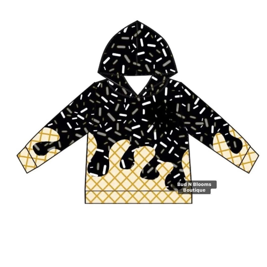 Custom moq 5 mix size baby boys hoodie top Ice cream trend solid black with sprinkles