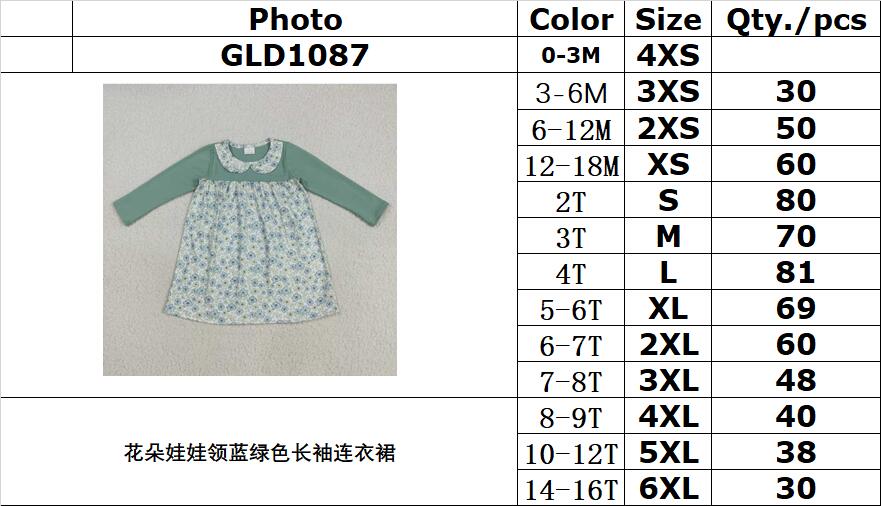 RTS NO MOQ(In Stock) GLD1087 Blue-green long-sleeved dress with floral doll collar