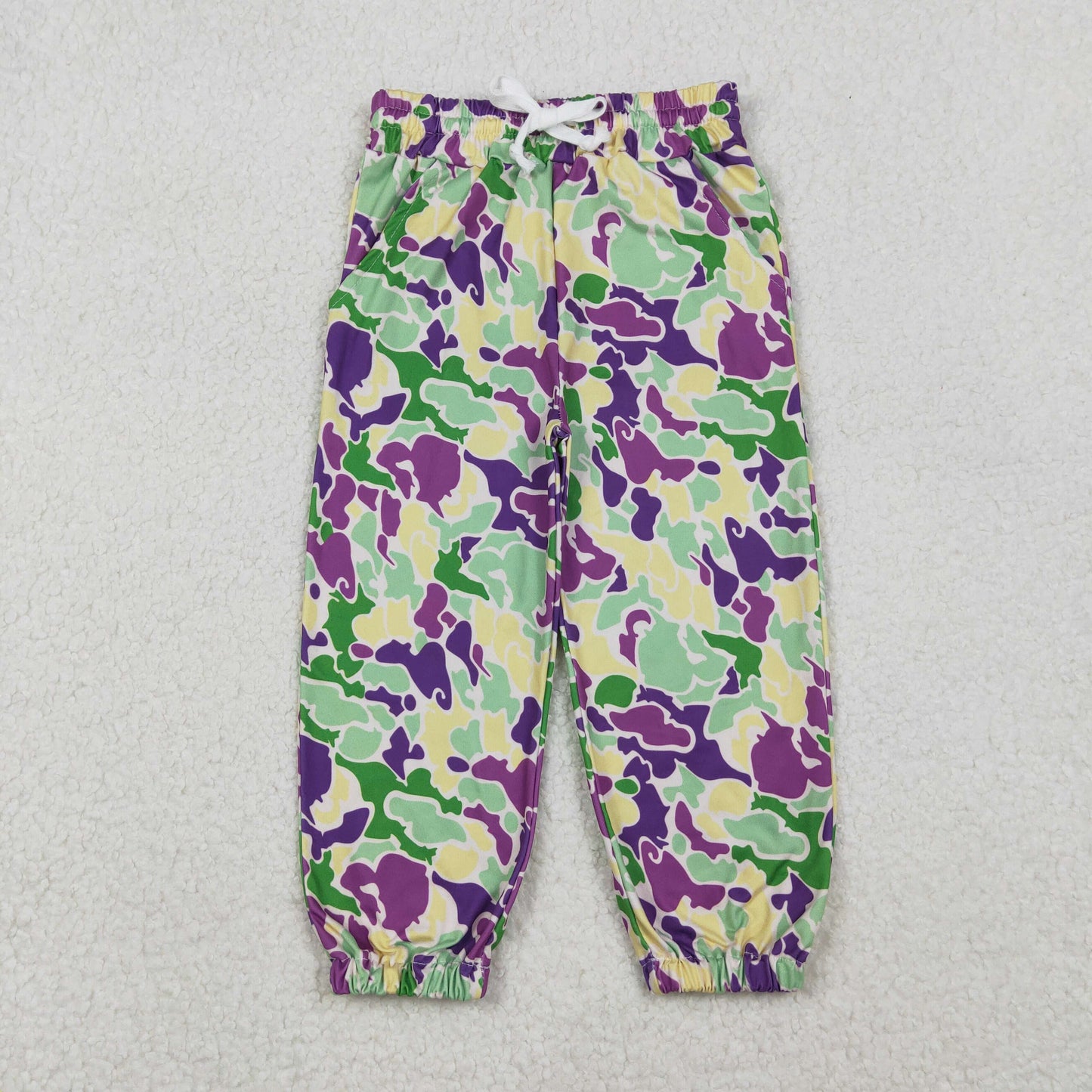 RTS NO MOQ(In Stock) P0838 Carnival green, yellow, and purple camouflage lace-up drawstring pants