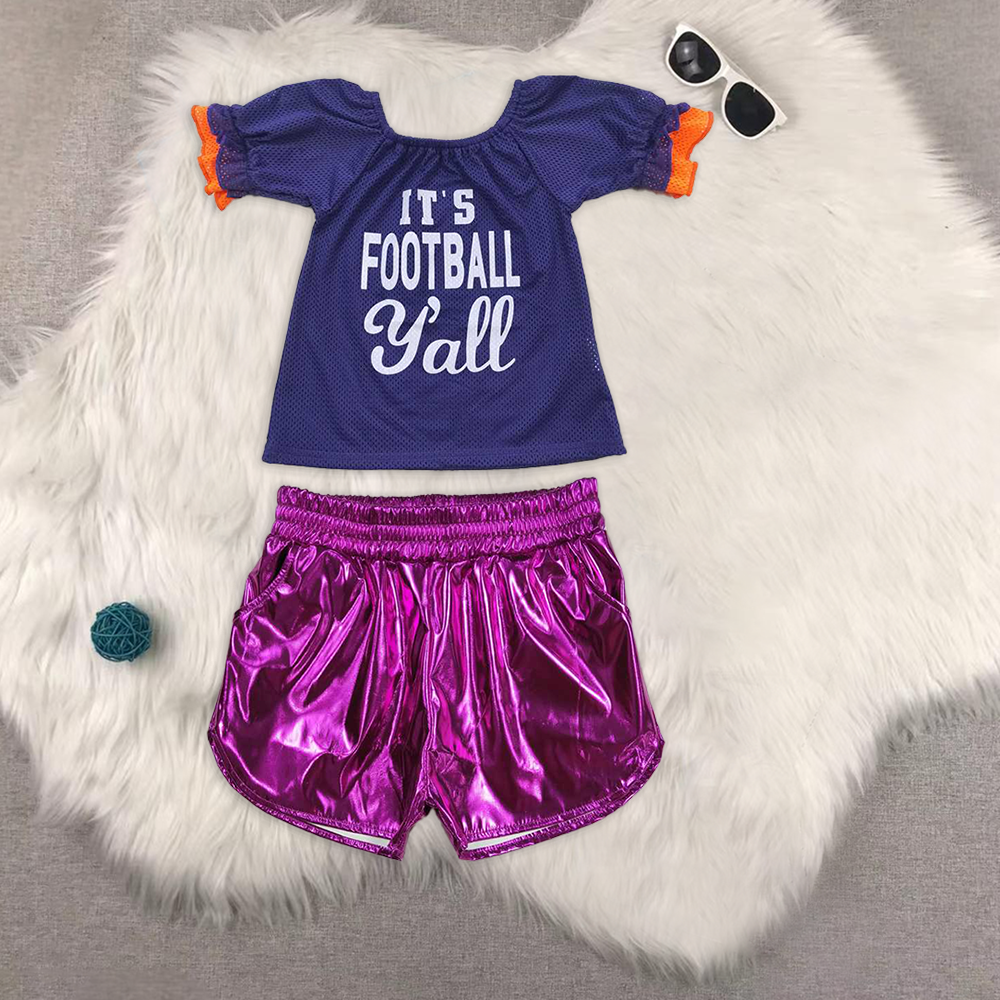 RTS NO MOQ GT0275+SS0412 navy blue one-shoulder top Shiny leather dark purple shorts sets