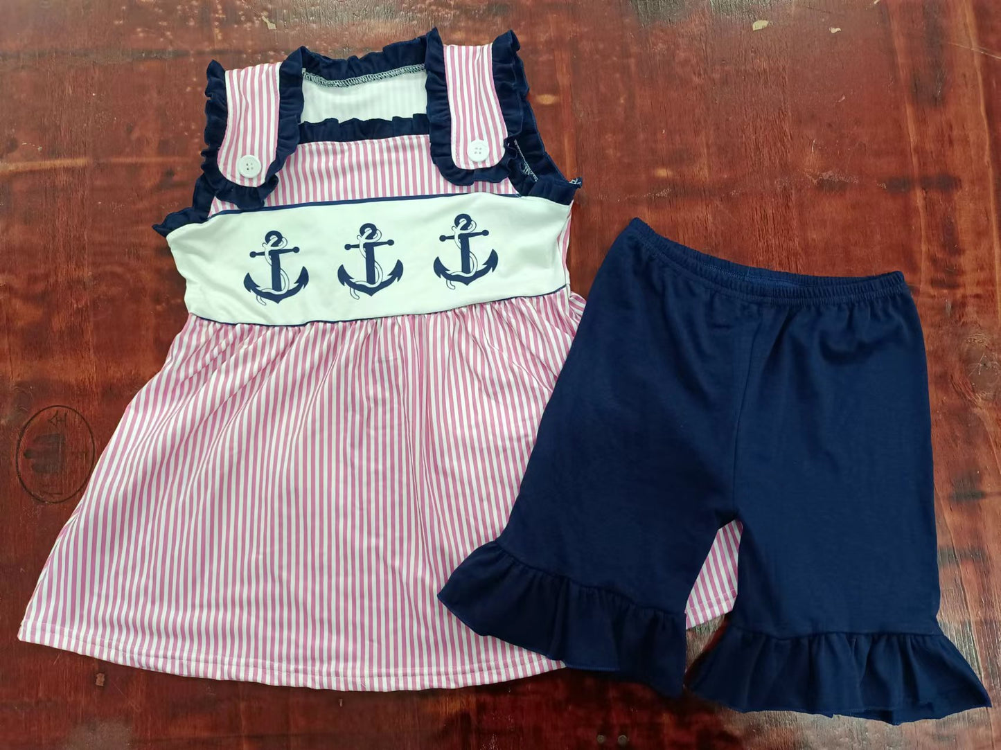 custom moq 5 eta 4-6weeks summer baby girls clothes navy blue shorts sets