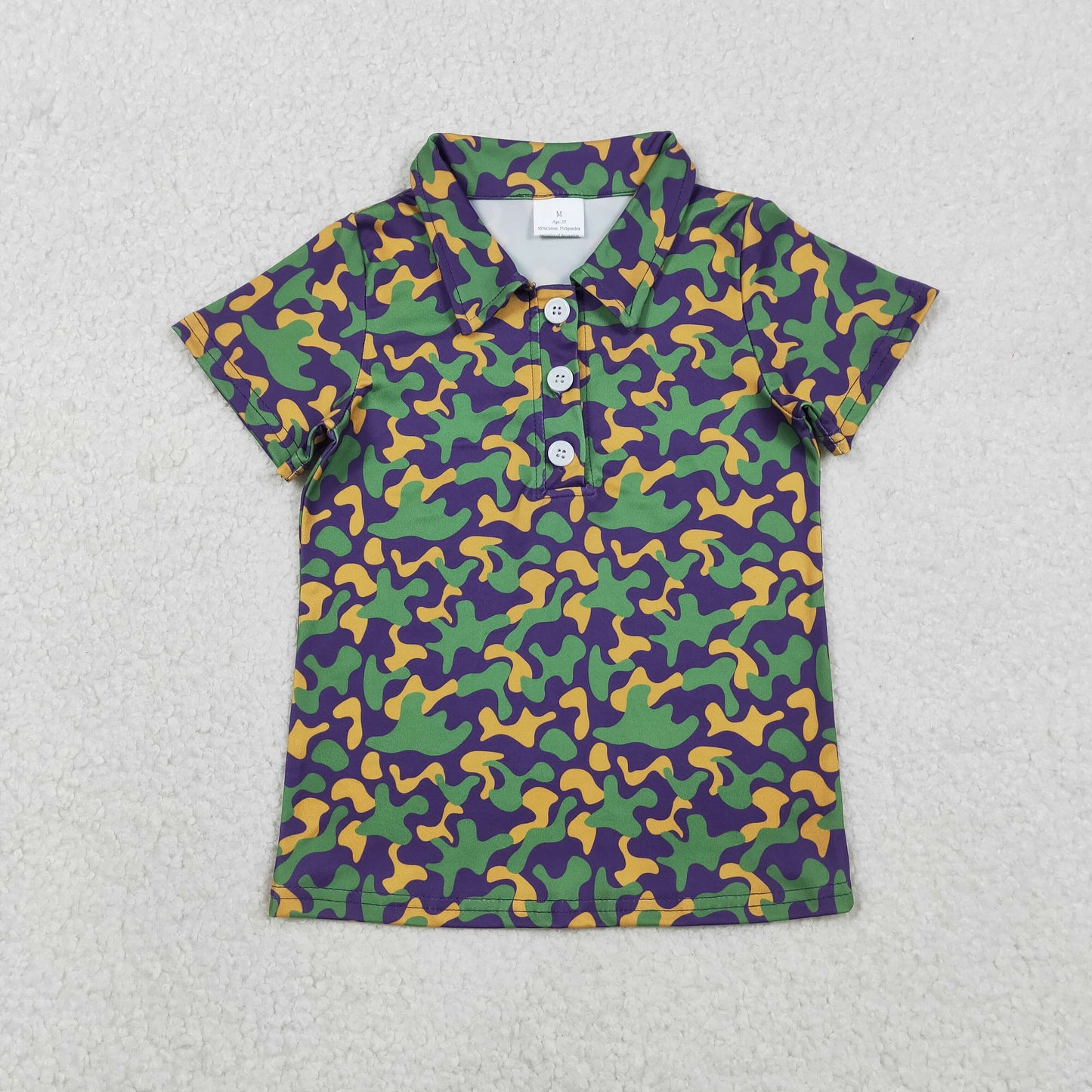 RTS NO MOQ(In Stock) Carnival Camouflage Button-Up Collar Short-Sleeve Top
