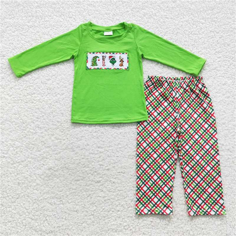 RTS NO MOQ(In Stock ) BLP0176 Embroidered Christmas long sleeve pants set