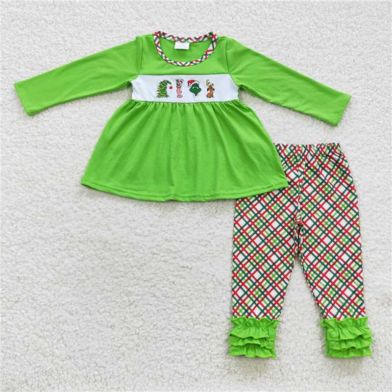 RTS NO MOQ(In Stock) GLP0441 Embroidered Christmas Long Sleeve Pants Set