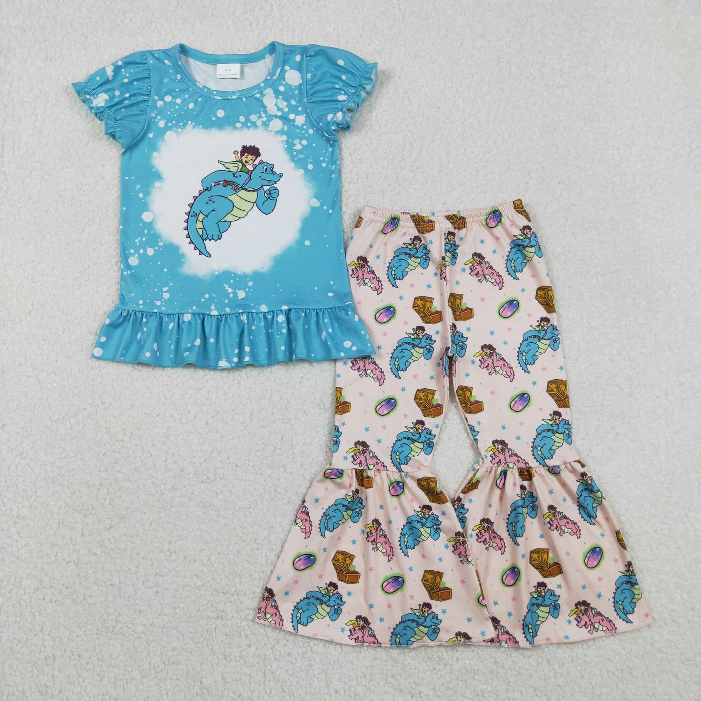 RTS NO MOQ(In Stock) GSPO2137 Dragon Tales Cartoon Dinosaur Blue Short-Sleeve Pants Set