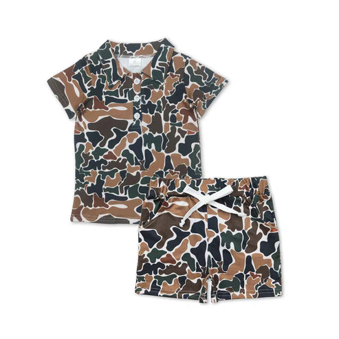 RTS NO MOQ Baby Boys Short Sleeves Western Brown Camo Button Pullover Top Pockets Shorts Sets