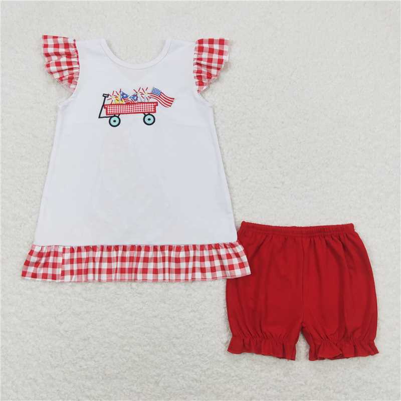 RTS NO MOQ(In Stock) Embroidery fireworks flag cart white short sleeve red plaid