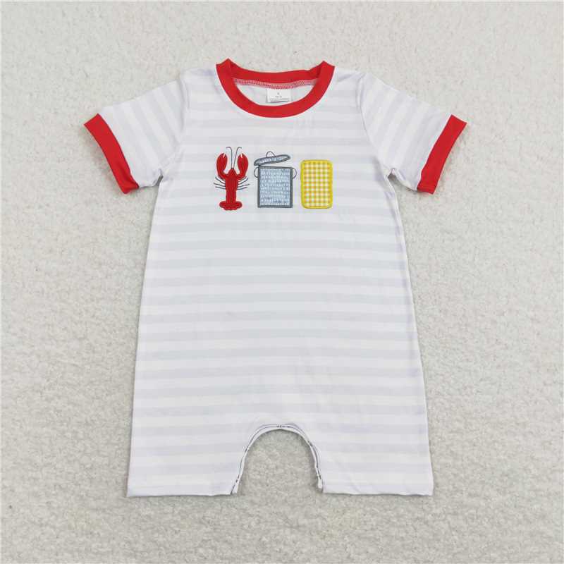 RTS NO MOQ(In Stock) Embroidered Crayfish Corn Striped White Lantern Sleeve Short Sleeve Jumpsuit