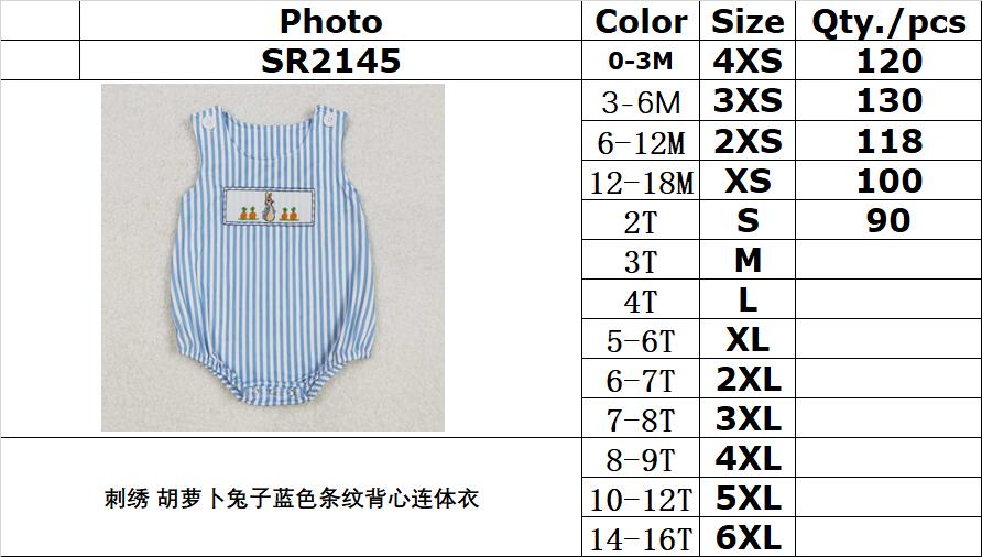 RTS NO MOQ ETA 5/7days arrived SR2145 Embroidered carrot rabbit blue striped vest jumpsuit