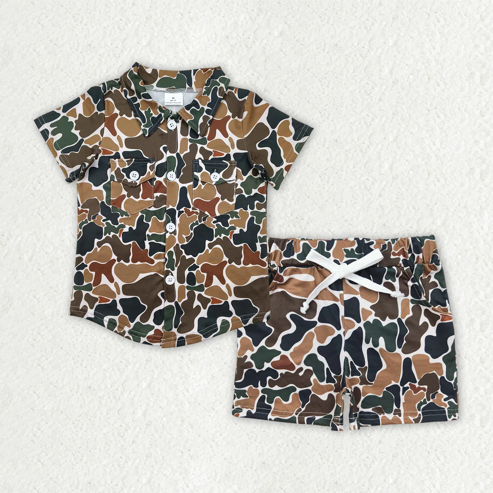 RTS NO MOQ Sibling baby boys clothes camouflage button short-sleeved shorts sets