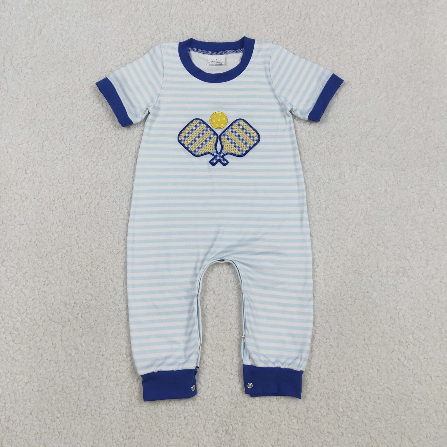 RTS NO MOQ(In Stock) Embroidered racket blue striped short-sleeved bodysuit