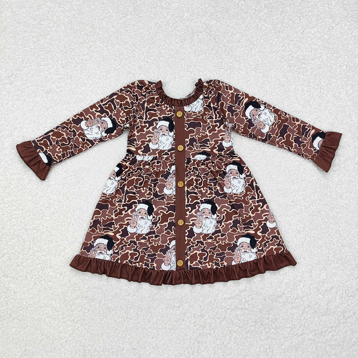 RTS NO MOQ Baby Girls Dark Brown Leopard Santa Button Long Sleeve Dress & Romper