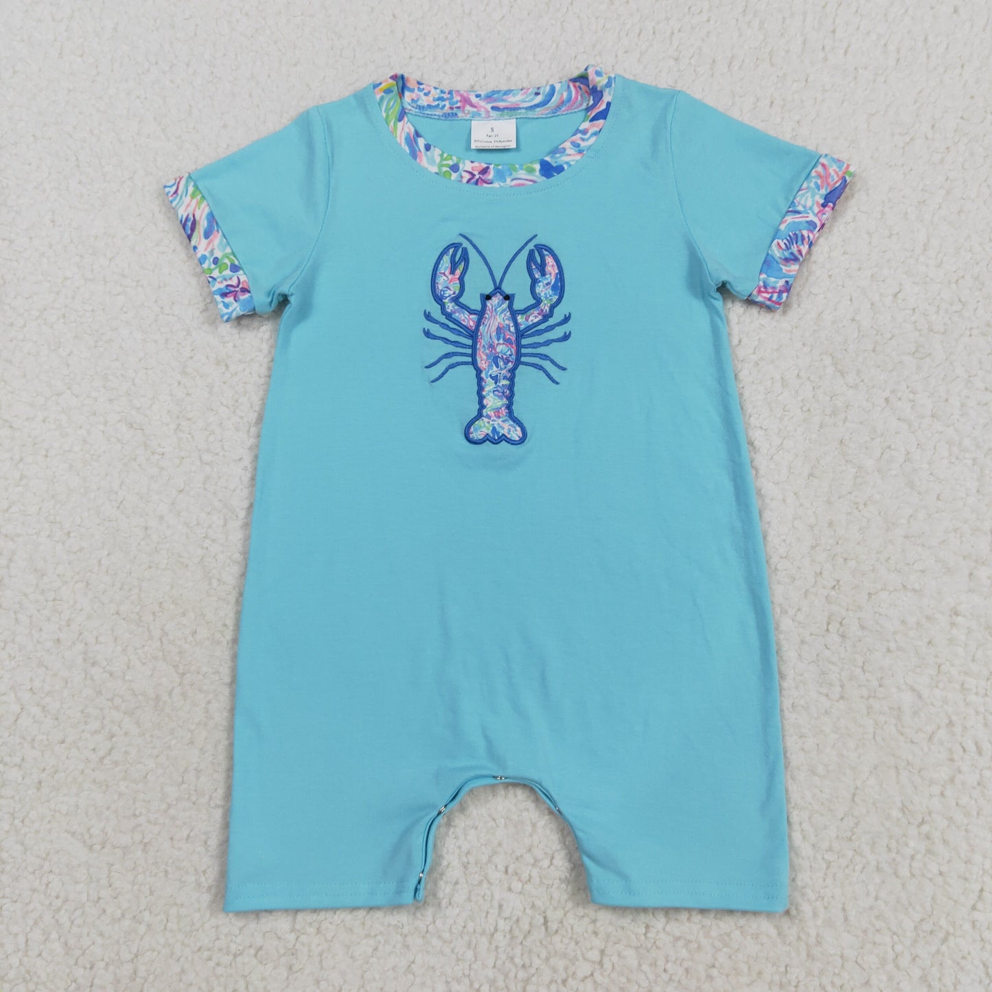 RTS NO MOQ(In Stock) SR3044 Blue short-sleeved bodysuit with embroidered seaweed pattern and crayfish