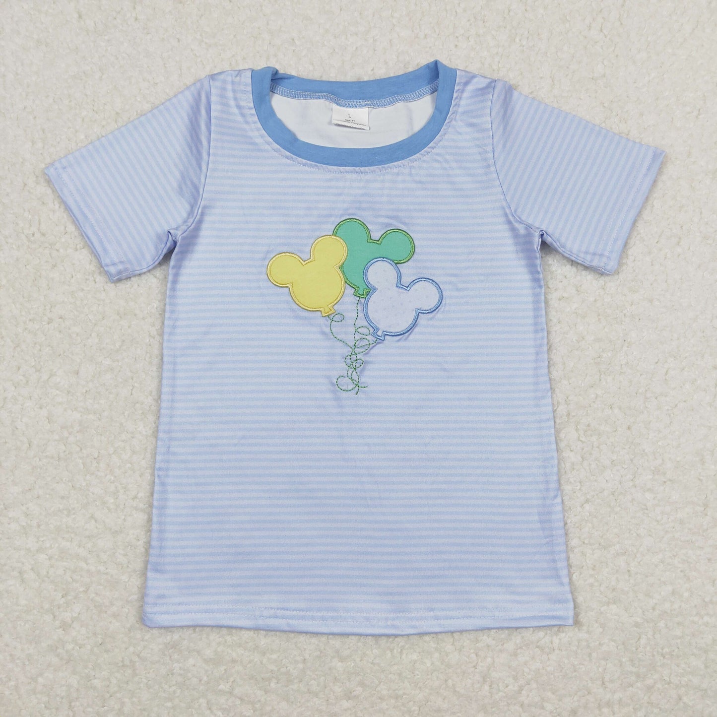 RTS NO MOQ(In Stock) BT0482 Embroidered cartoon Balloon Blue Striped Short Sleeve Top