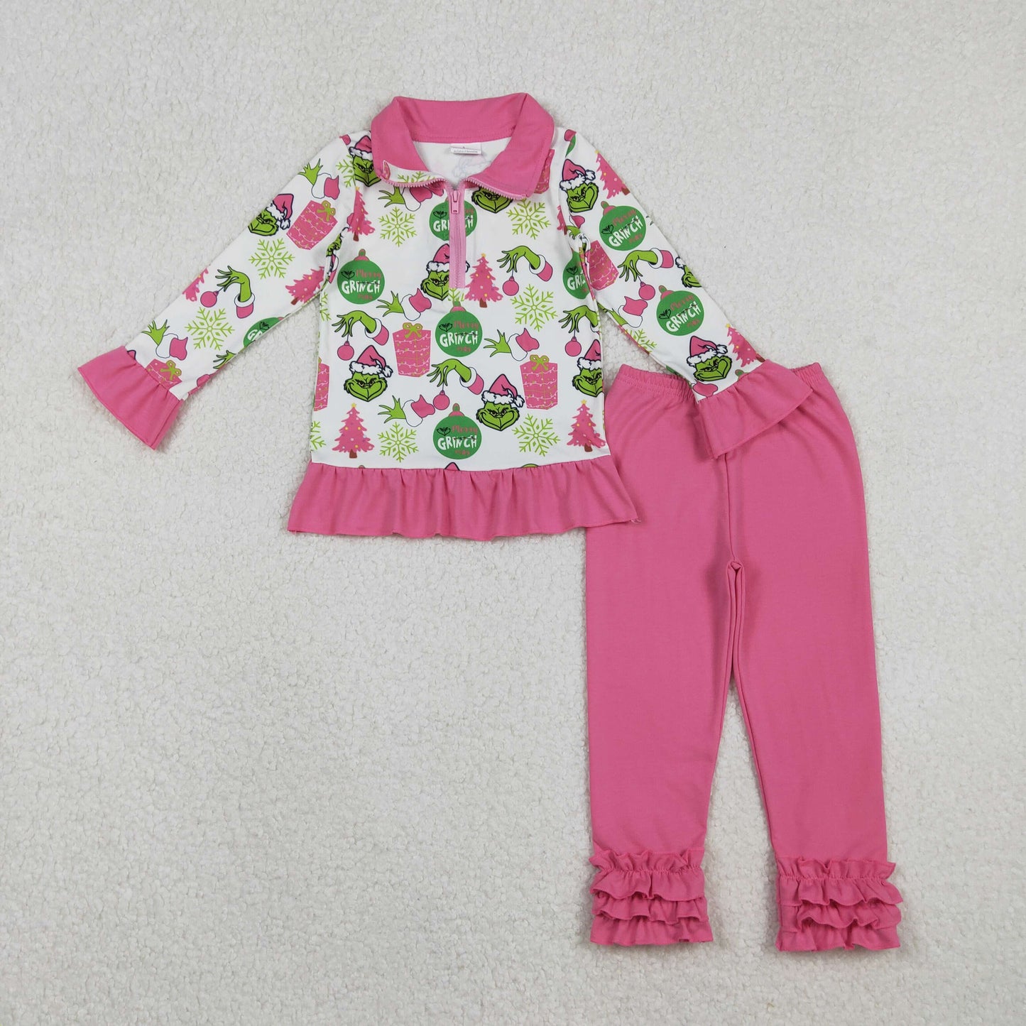 RTS NO MOQ(In Stock) GLP2734 Cartoon Christmas Tree Gift Snowflake White Zipper Long Sleeve Rose Red Lace Trousers Set