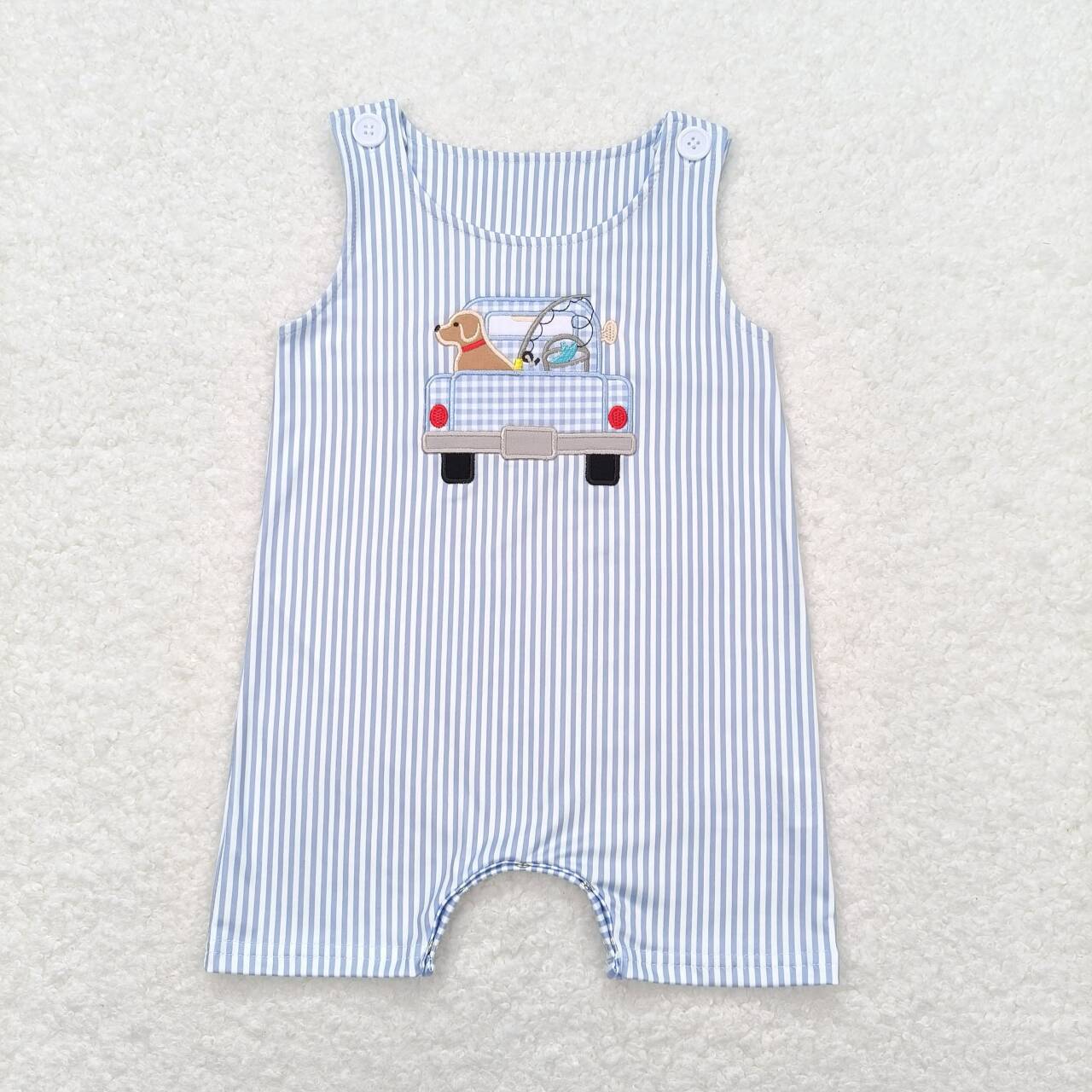 RTS NO MOQ(In Stock) Embroidery Fishing Puppy Truck Blue Striped Sleeveless Jumpsuit