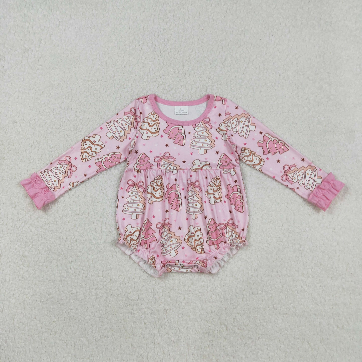 RTS NO MOQ(In Stock) LR2301 Christmas tree cookie bow pattern pink long-sleeved bodysuit