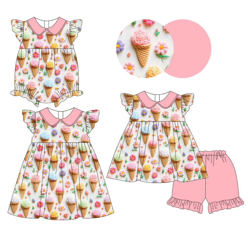 1.9 custom each style moq 5eta 4-6week Sibling Sister ice cream baby girl short sleeve shorts sets and dress and rompers match family design