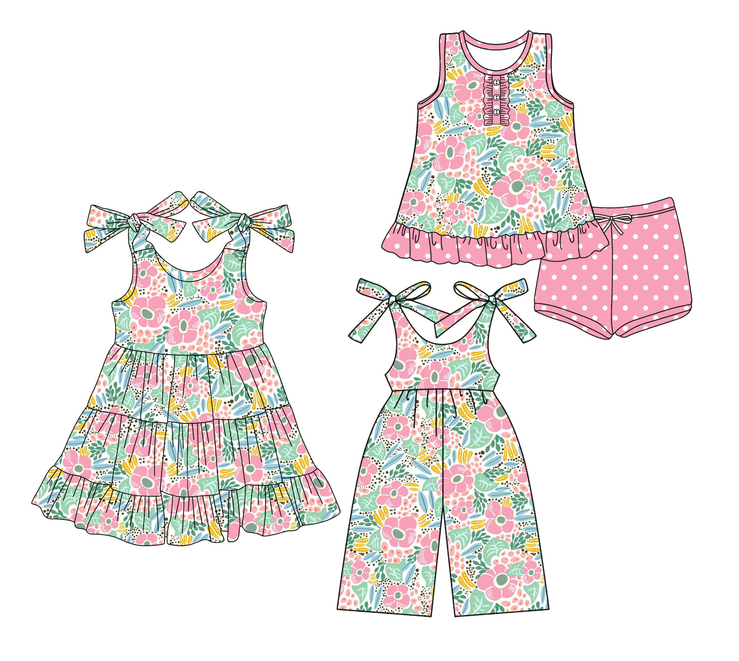 3.15 custom each style moq 5eta 4-6week Sibling Sister floral baby girl short sleeve shorts sets and dresses and jumpsuit match design