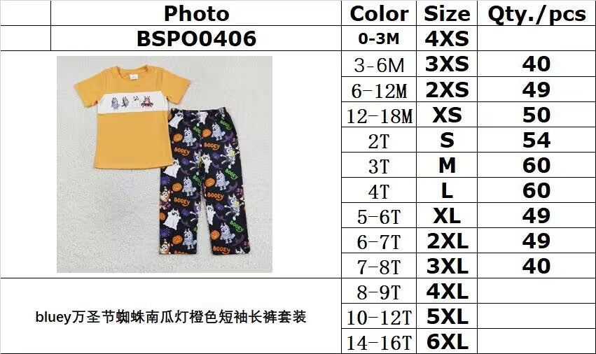 RTS NO MOQ BSPO0406 bluey Halloween spider pumpkin lantern orange short-sleeved trousers suit