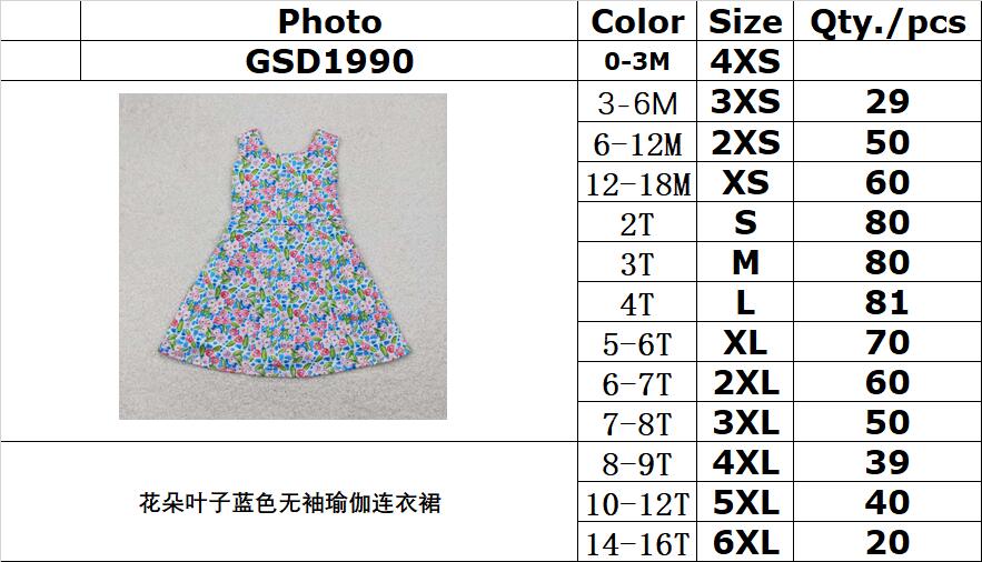 RTS NO MOQ GSD1990 Flower leaf blue sleeveless yoga dress