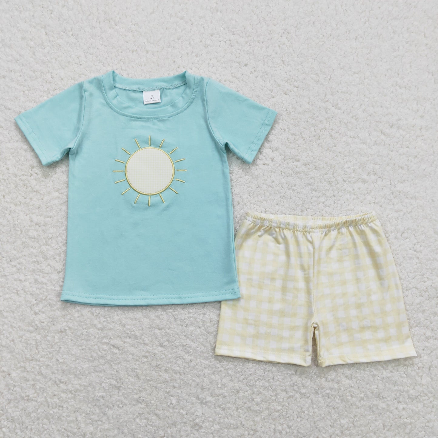 BSSO0614 Embroidery sunny day blue green short sleeves yellow and white plaid shorts set(3/6m-7/8t)