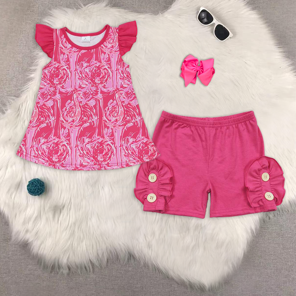 RTS NO MOQ GT0565+SS0186 flower rose red flying sleeve top button lace shorts sets