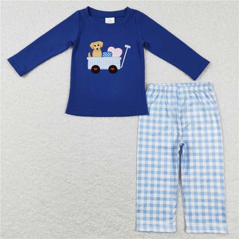 RTS NO MOQ(In Stock) BLP0402 Baby Boys embroidery valentine Top Pants Outfits Sets