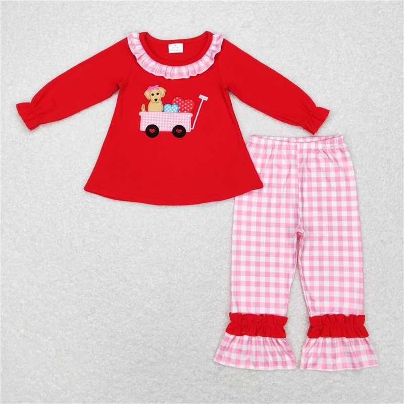 RTS NO MOQ(In Stock) GLP0900 Baby girl Toddler embroidery Valentine Shirts Pants Clothes Sets
