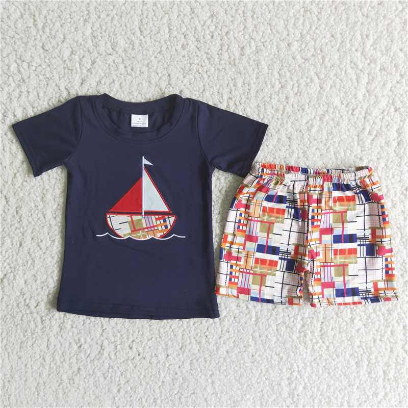 C8-10 Sailing blue short sleeve melange shorts embriobery