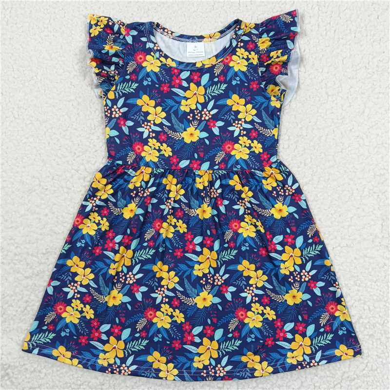 Yellow-red flowers, dark blue flying sleeve dress 黄红色花朵深蓝色飞袖裙